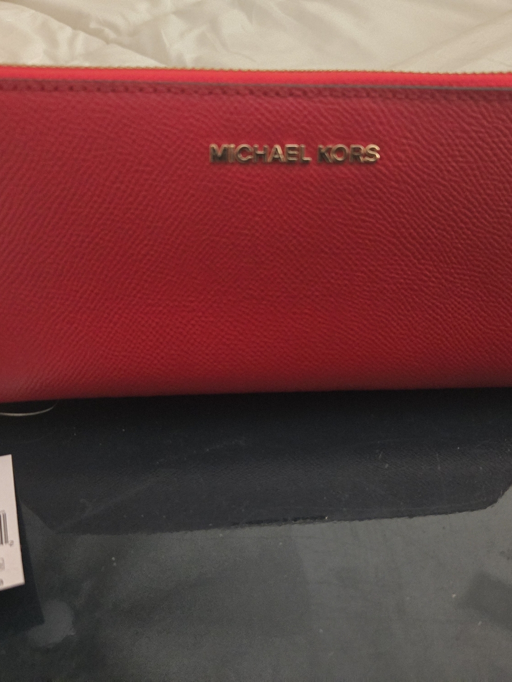 Michael Kors Bright Red Saffiano Zip Wallet with Gold Logo